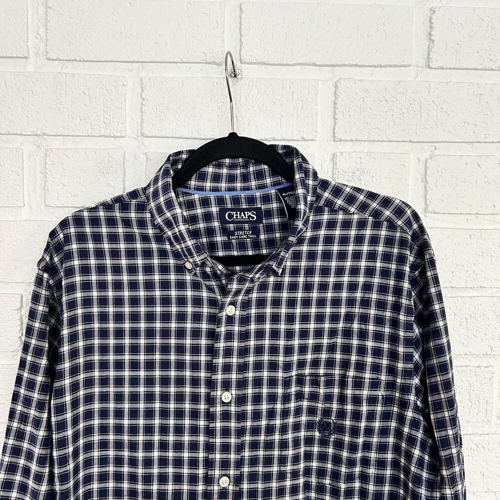 Chaps Easy Care Twill Stretch Mens XL Button Up Long Sleeve Blue Plaid Check